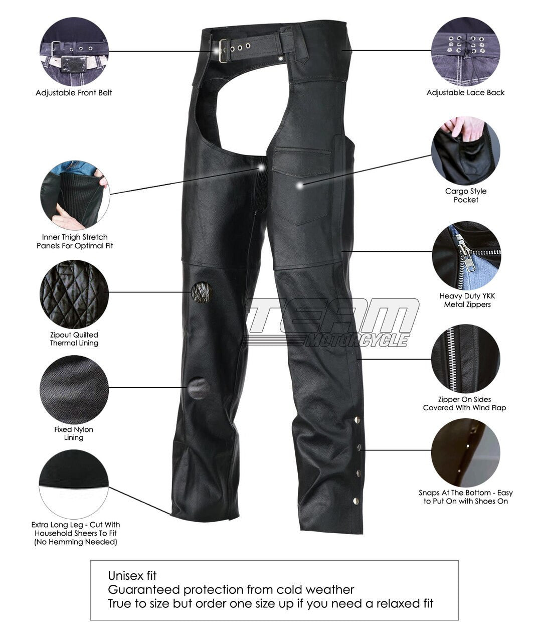 Vance Leather VL805S Mens and Womens All Season Black Zip-out Insulated Thermal Liner Biker Leather Motorcycle Chaps