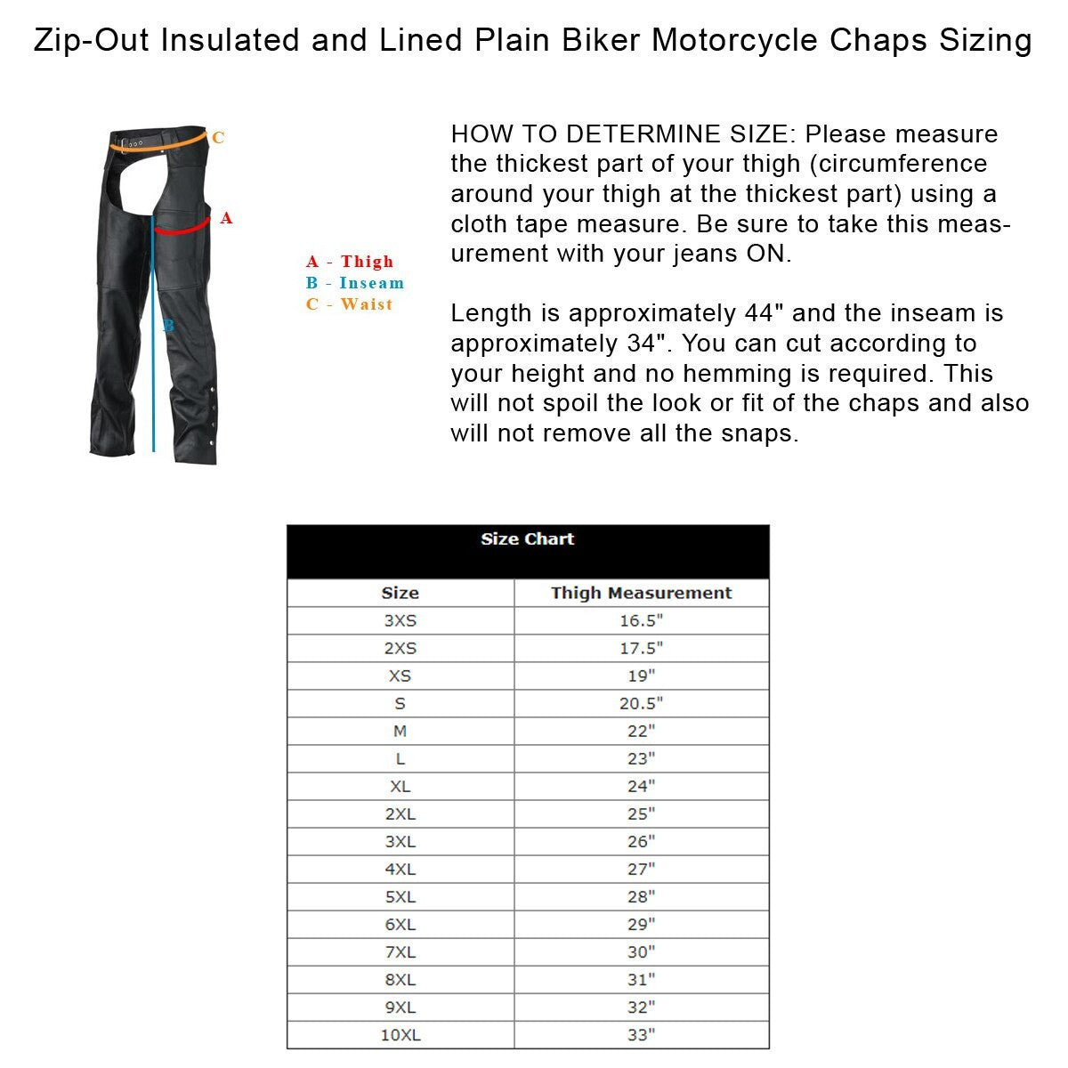 Vance Leather VL805S Mens and Womens All Season Black Zip-out Insulated Thermal Liner Biker Leather Motorcycle Chaps