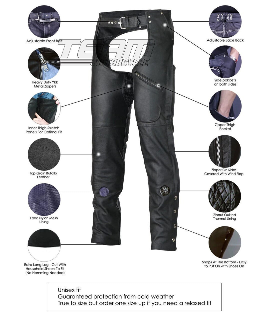 Vance Leather VL804S Men and Women All Season Black Zipout Insulated Thermal Lined Zipper Pocket Biker Motorcycle Leather Chaps - Infographics