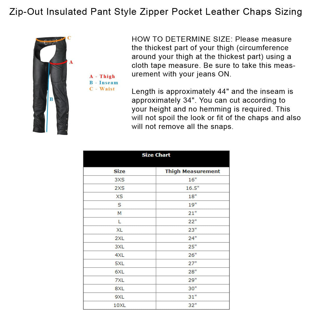 Vance Leather VL804S Men and Women All Season Black Zipout Insulated Thermal Lined Zipper Pocket Biker Motorcycle Leather Chaps - Size Chart