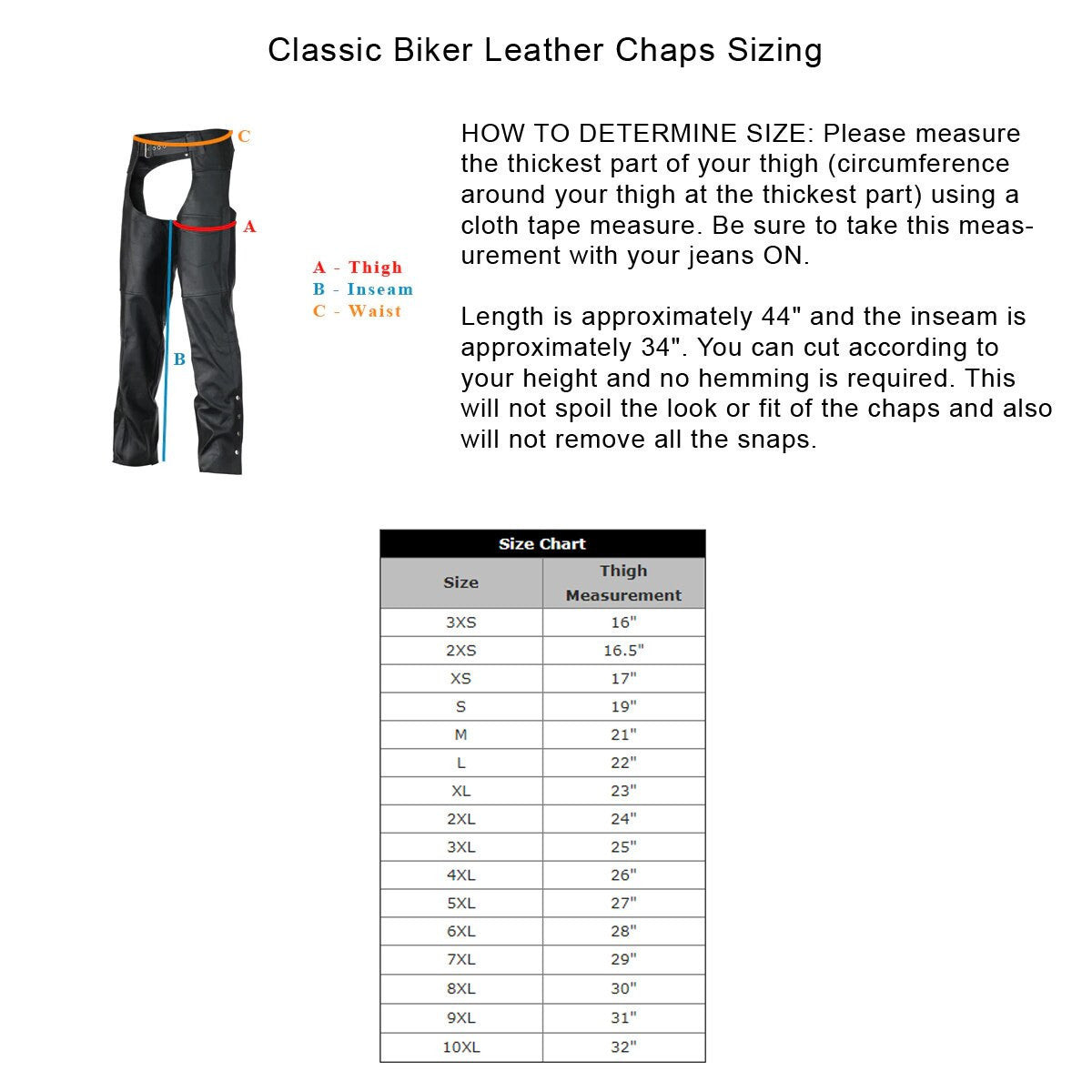 Vance-Leather-VL801S-Mens-and-Womens-Black-Leather-Biker-Motorcycle-Riding-Chaps-size-chart