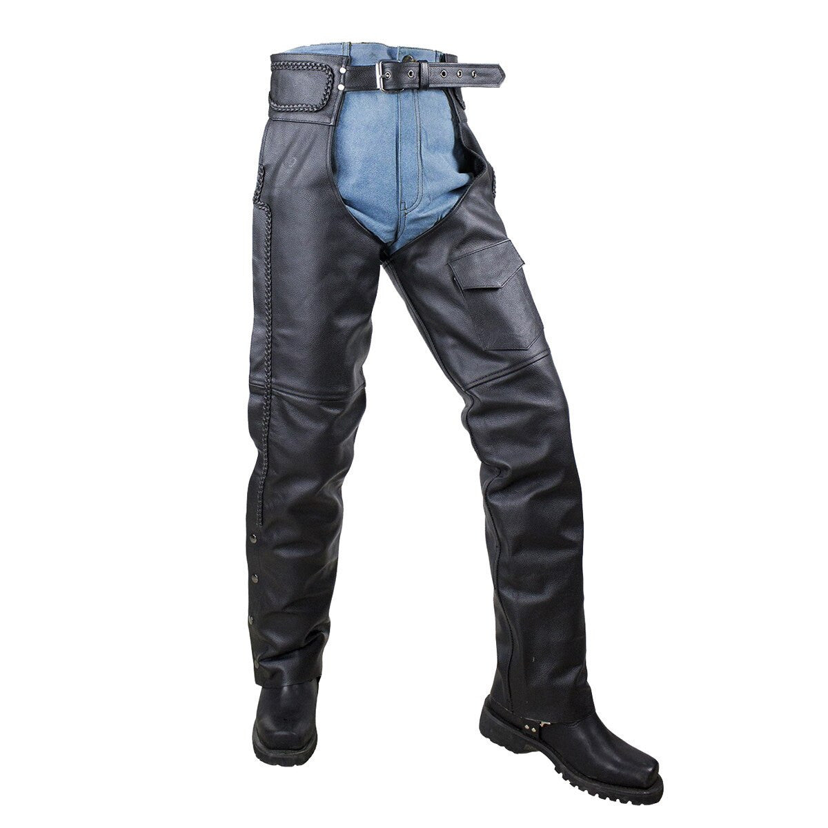 Vance Leather VL802S Mens and Womens All Season Black Zip-out Insulated Thermal Liner Braided Biker Leather Motorcycle Chaps