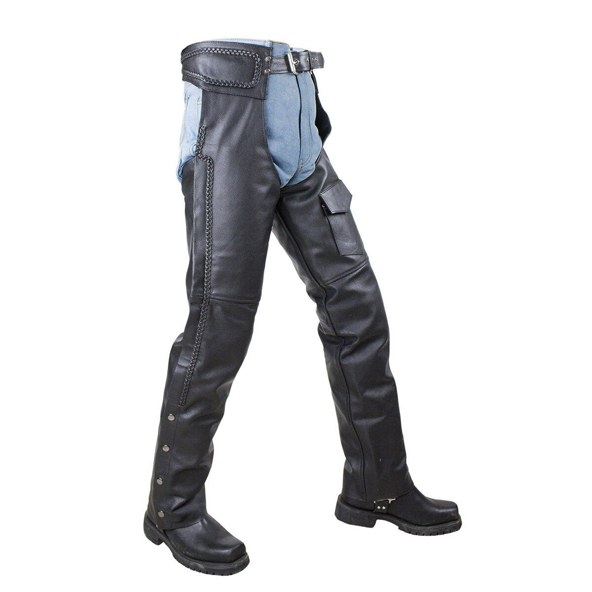 Vance Leather VL802S Mens and Womens All Season Black Zip-out Insulated Thermal Liner Braided Biker Leather Motorcycle Chaps