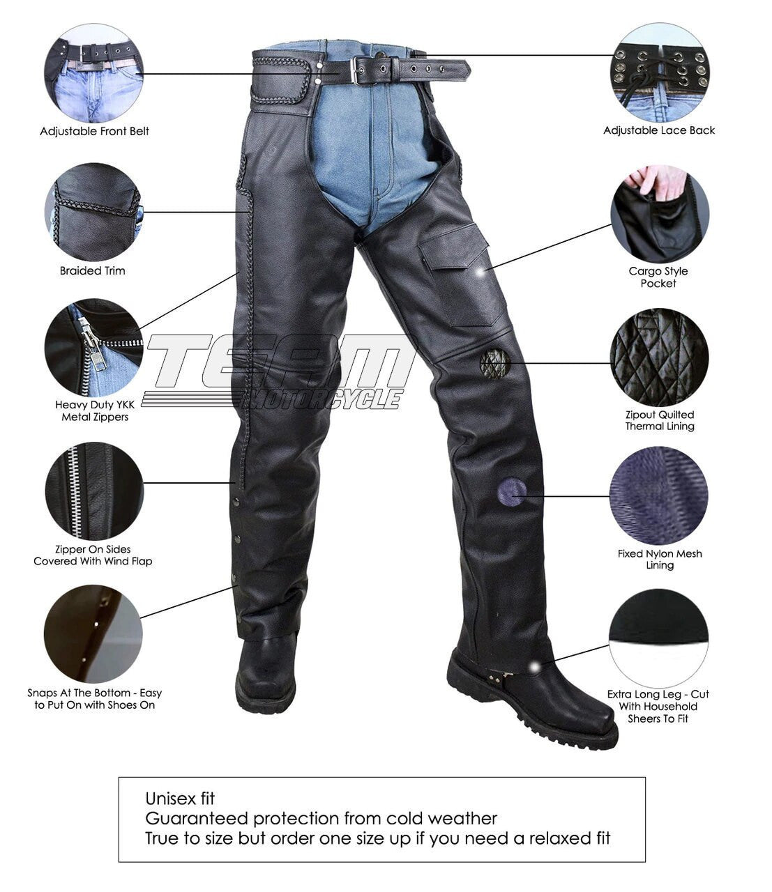 Vance Leather VL802S Mens and Womens All Season Black Zip-out Insulated Thermal Liner Braided Biker Leather Motorcycle Chaps