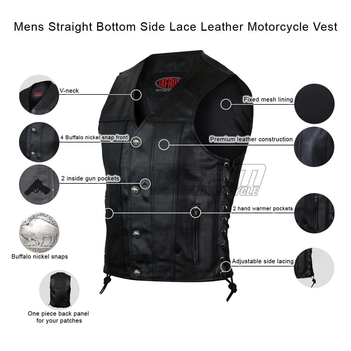 Vance VL939S Mens Black Straight Bottom Leather Motorcycle Vest - Infographics