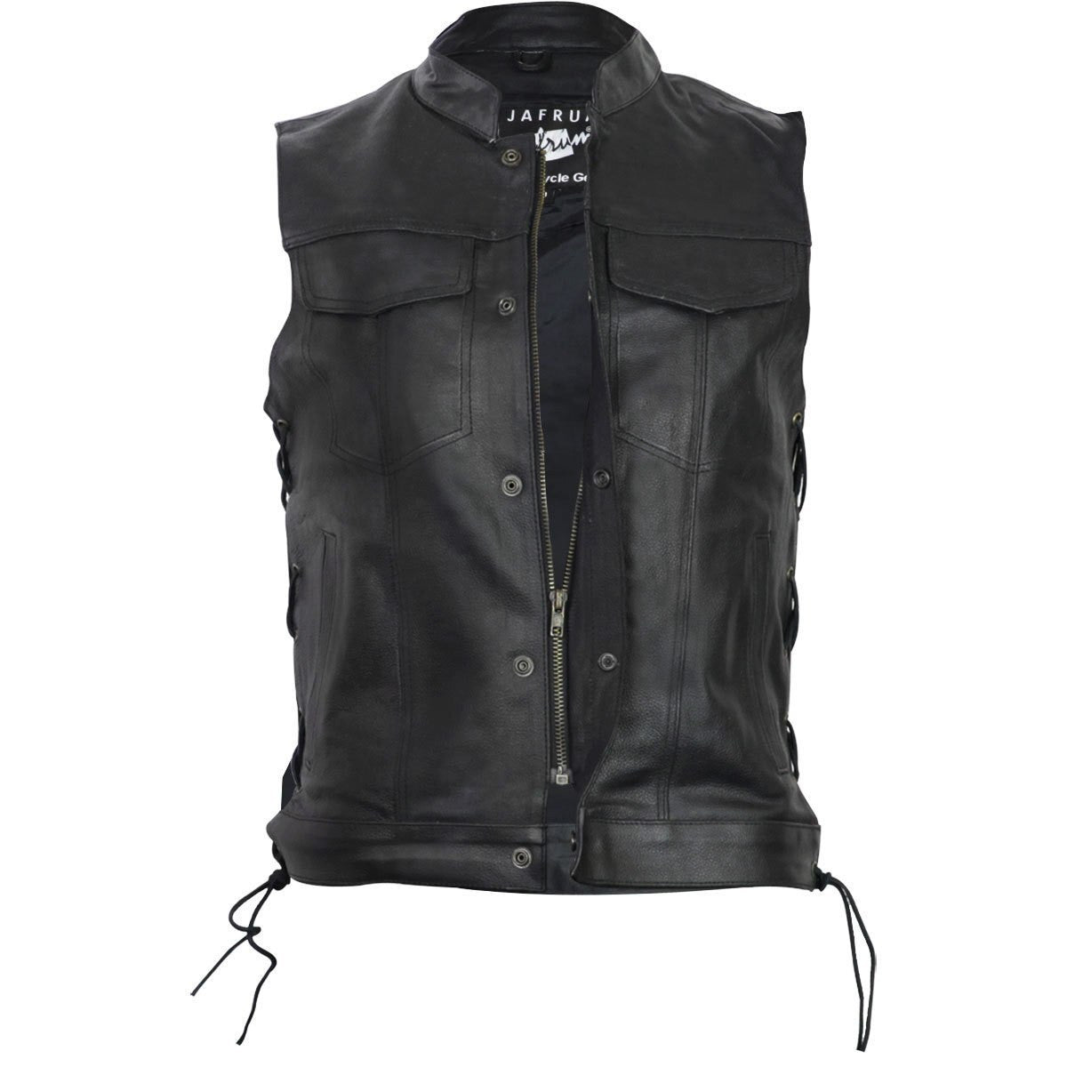 Vance VL912S Mens Black SOA Club Style Leather Motorcycle Vest With Side Laces -Front View