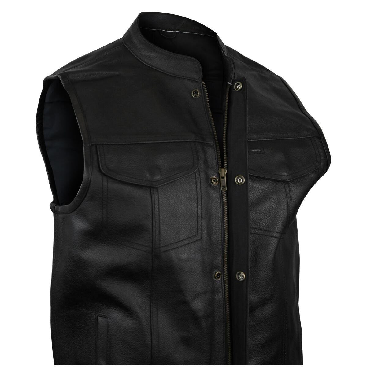 Vance VL912S Mens Black SOA Club Style Leather Motorcycle Vest With Side Laces -Detail View