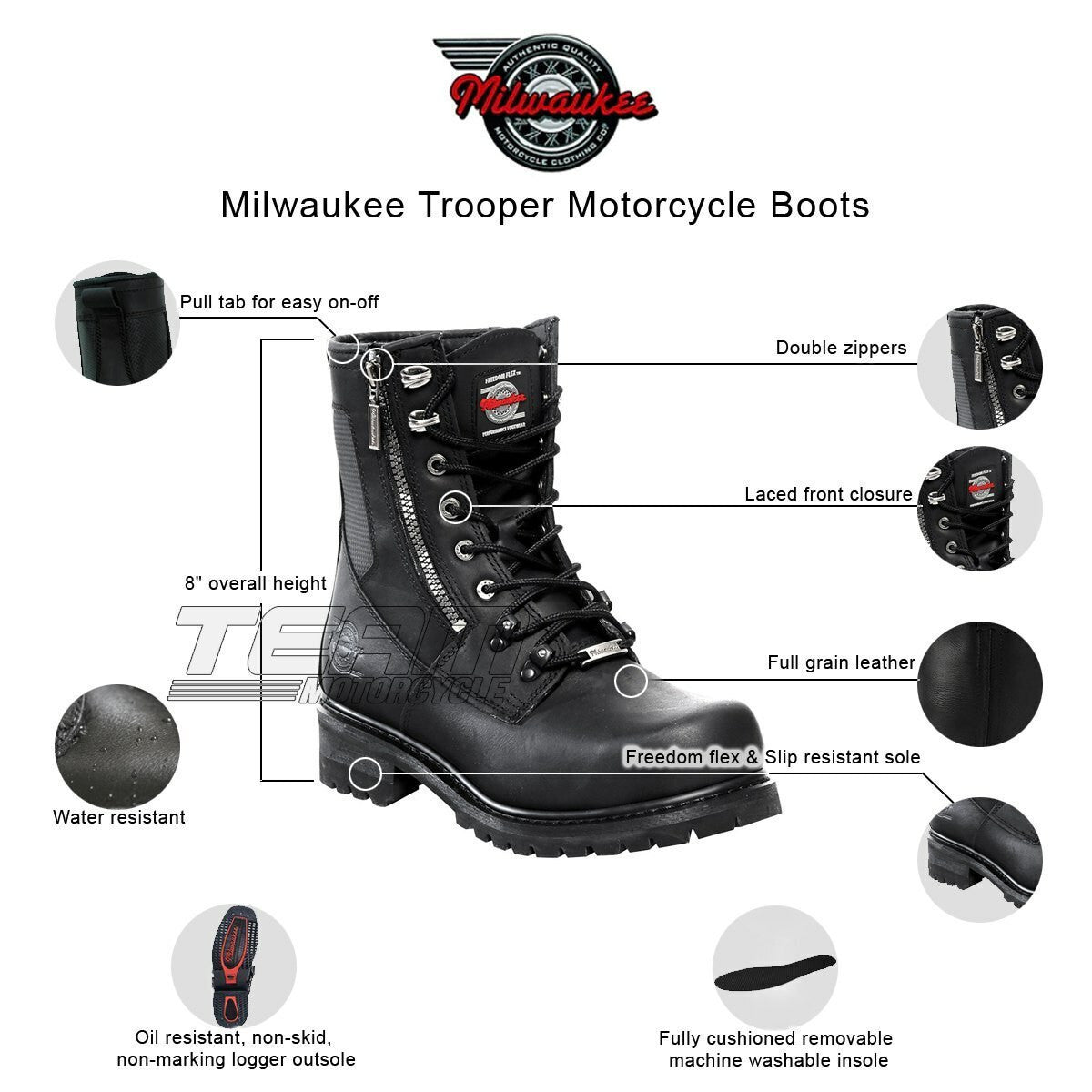 Mens Milwaukee Motorcycle Clothing Company MMCC Trooper Motorbike Biker Riding Black Leather Boots