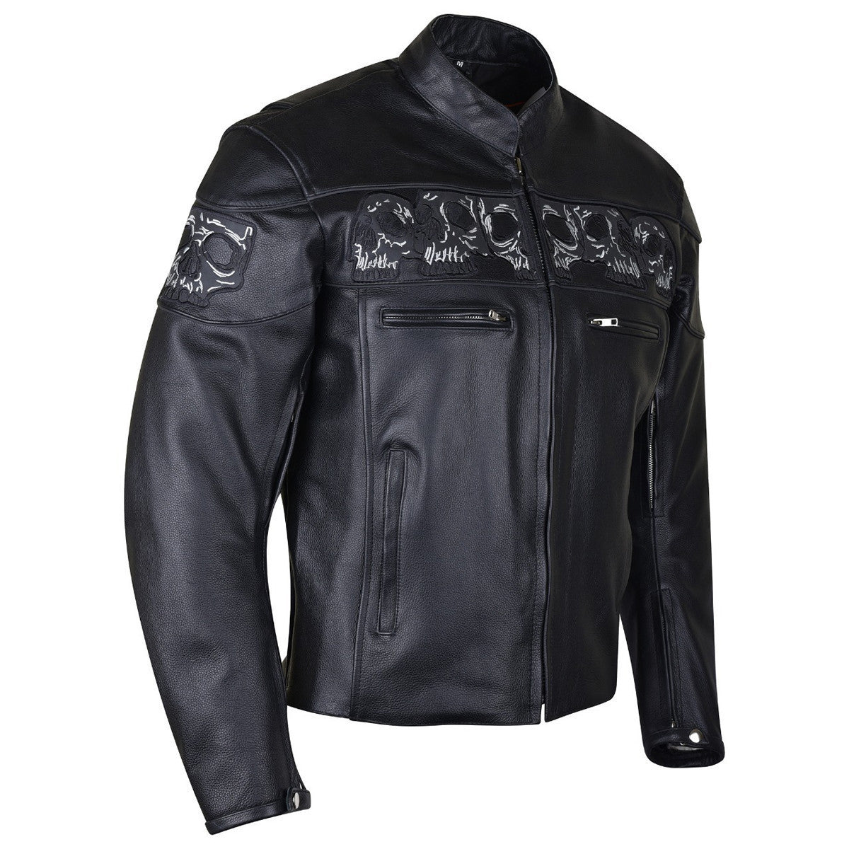 Vance VL535S Men's Black Reflective Skull Leather Biker Motorcycle Riding Jacket - Side View