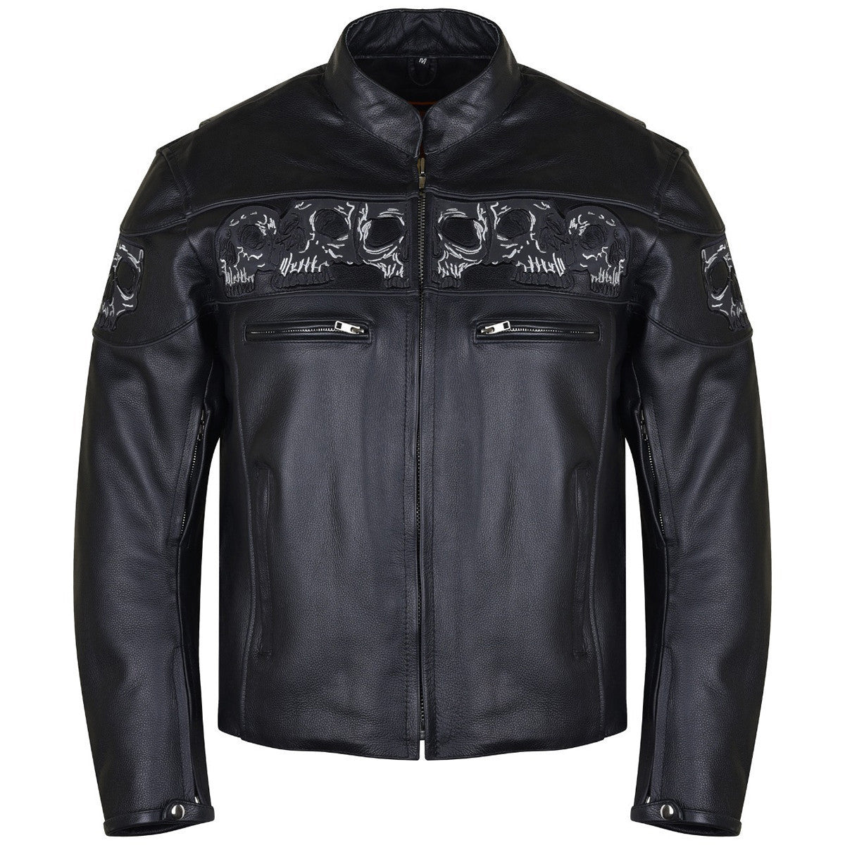 Vance VL535S Men's Black Reflective Skull Leather Biker Motorcycle Riding Jacket