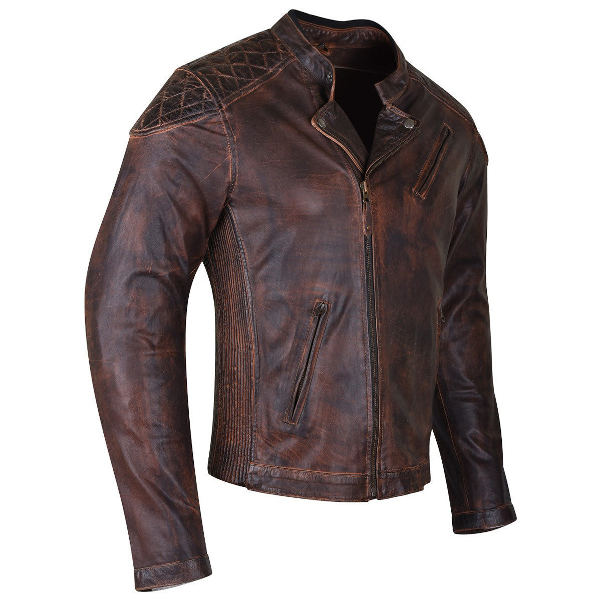 High Mileage HMM521VB Men's Vintage Brown Premium Cowhide Diamond Quilted Shoulder Leather Biker Motorcycle Riding Jacket - Side View