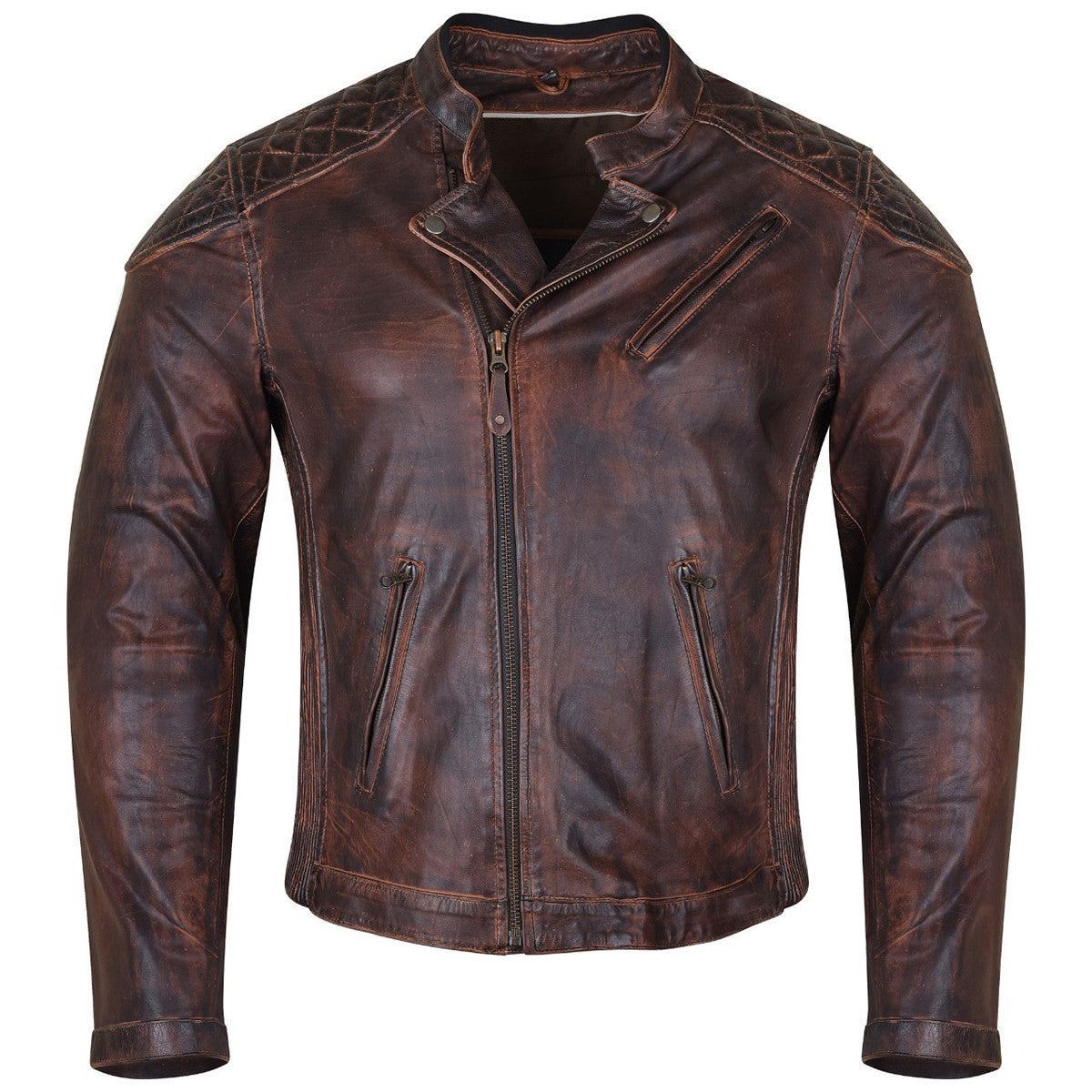 High Mileage HMM521VB Men's Vintage Brown Premium Cowhide Diamond Quilted Shoulder Leather Biker Motorcycle Riding Jacket