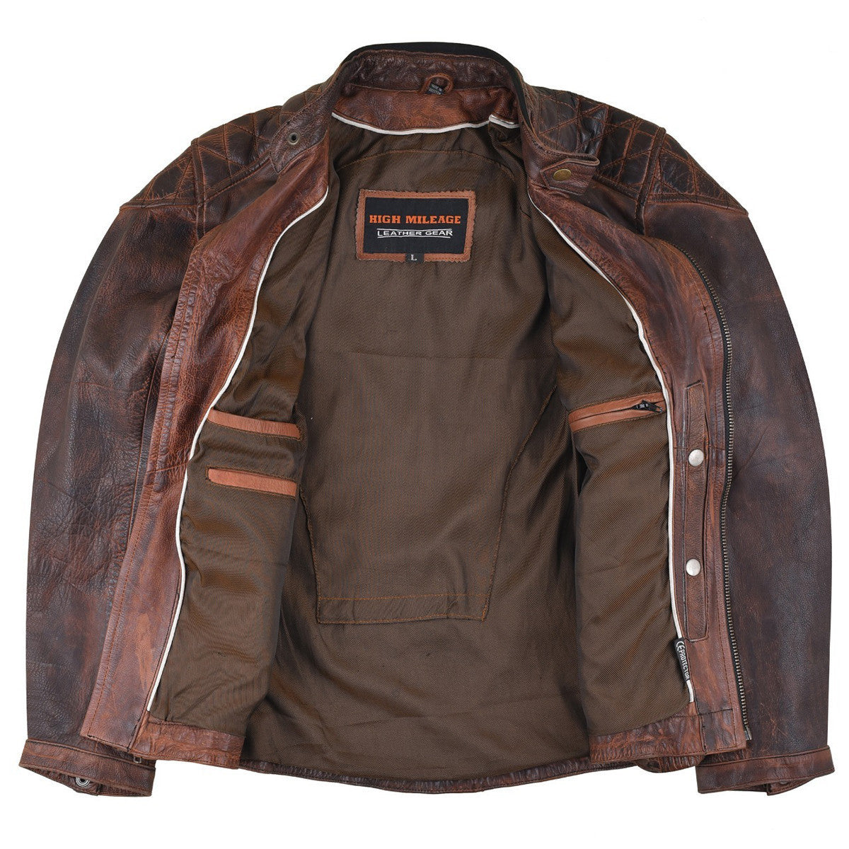 High Mileage HMM521VB Men's Vintage Brown Premium Cowhide Diamond Quilted Shoulder Leather Biker Motorcycle Riding Jacket - Rear View