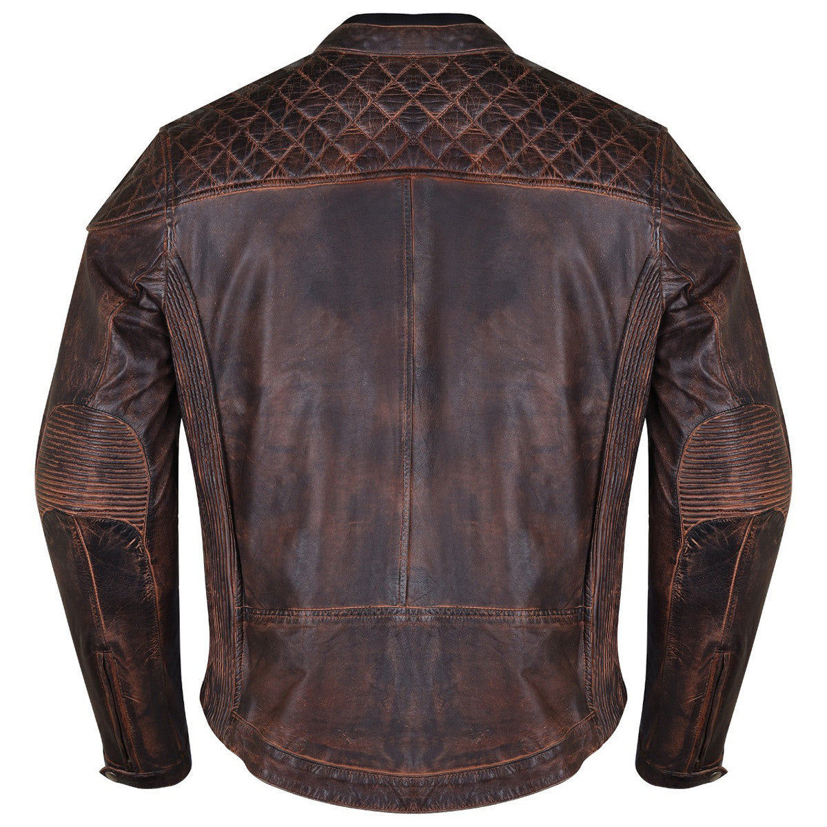 High Mileage HMM521VB Men's Vintage Brown Premium Cowhide Diamond Quilted Shoulder Leather Biker Motorcycle Riding Jacket - Back View