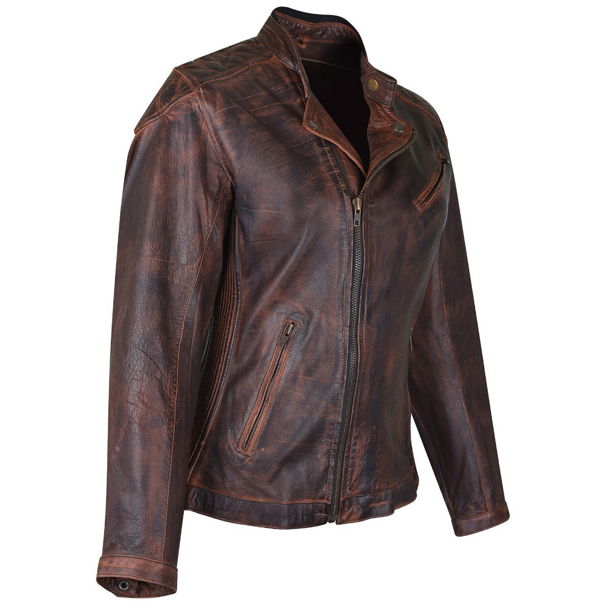 High Mileage HML621VB Women's Vintage Brown Lady Biker Motorcycle Riding Leather Jacket With Diamond Stitched Shoulders - Side View