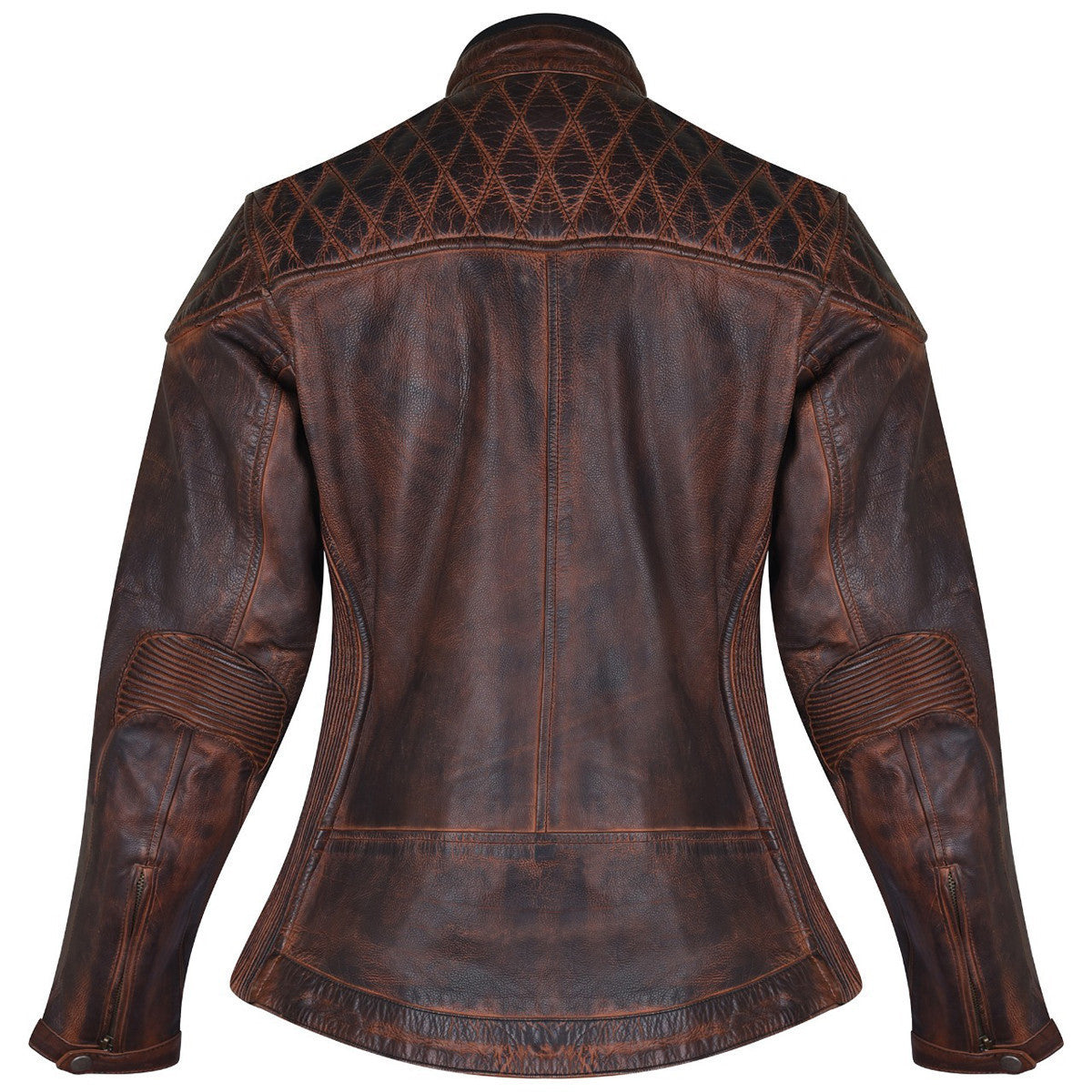 High Mileage HML621VB Women's Vintage Brown Lady Biker Motorcycle Riding Leather Jacket With Diamond Stitched Shoulders - Back View