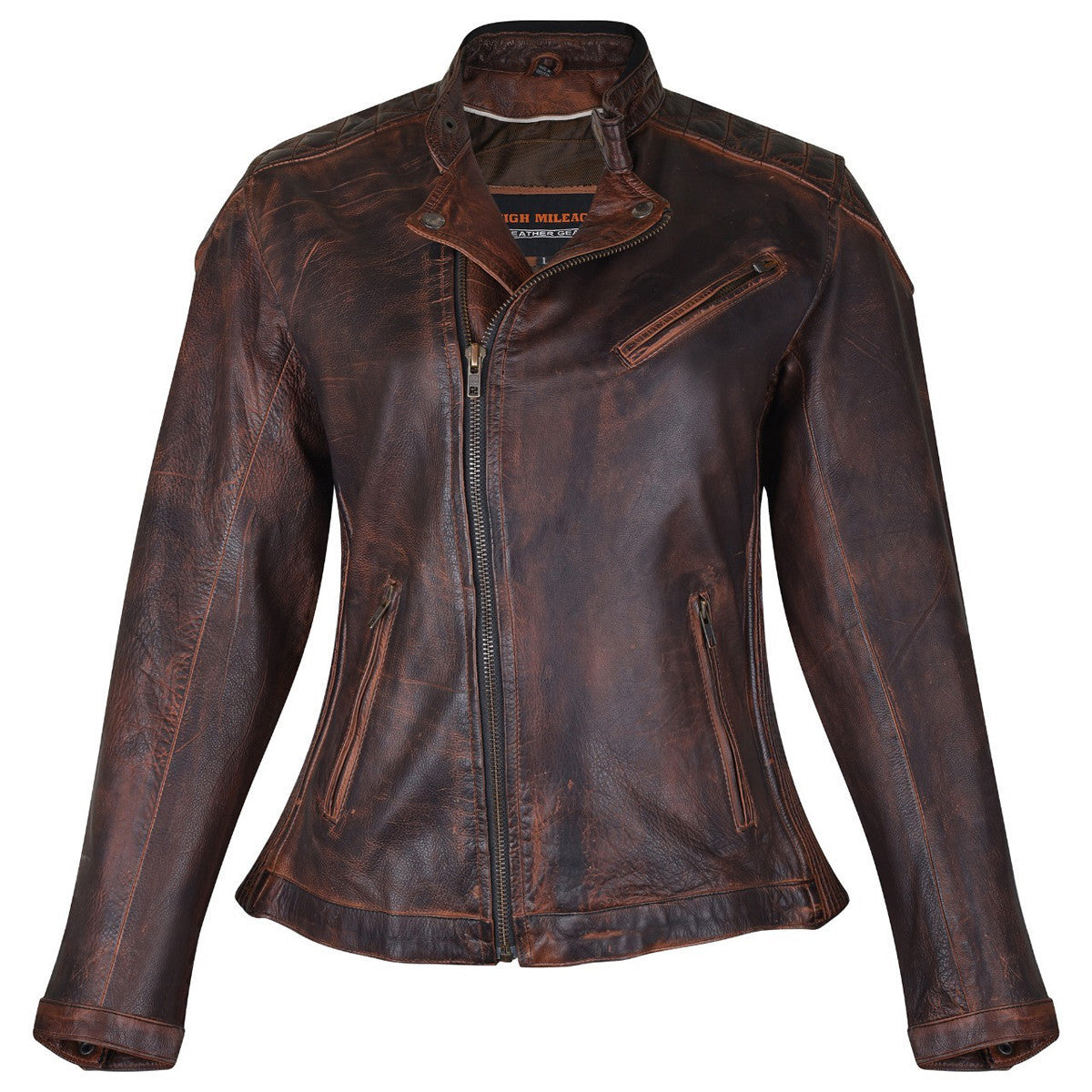 High Mileage HML621VB Women's Vintage Brown Lady Biker Motorcycle Riding Leather Jacket With Diamond Stitched Shoulders