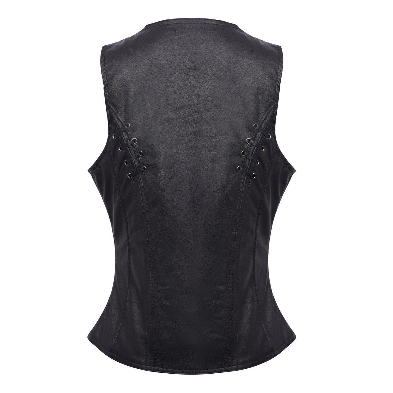 High Mileage HML1038B Womens Black Premium Soft Goatskin Leather Vest With Twill Lace and Grommet Highlights - Back