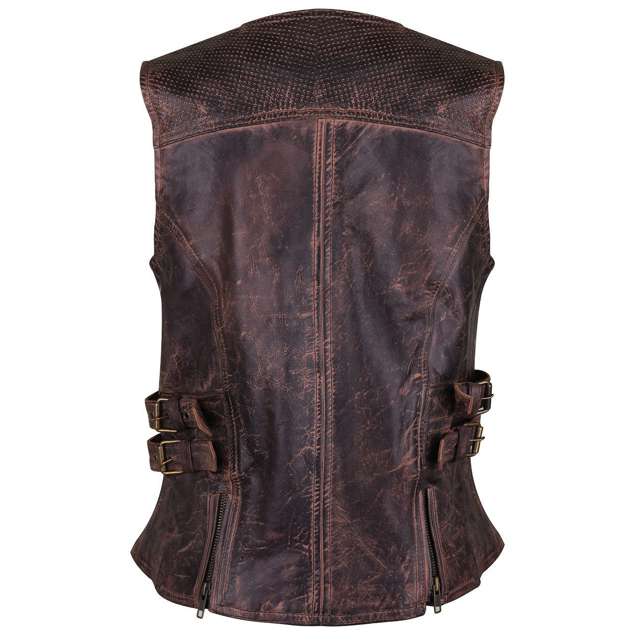 High Mileage HML1037VB Womens Vintage Brown Premium Cowhide Biker Motorcycle Leather Vest With Buckles Back