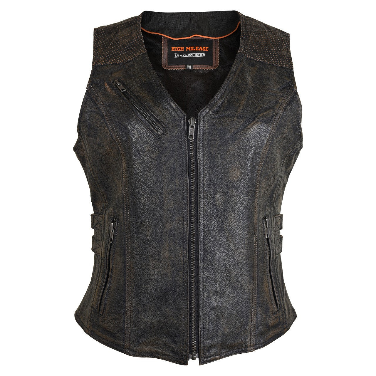 High Mileage HML1037DB Womens Distressed Brown Premium Cowhide Biker Motorcycle Leather Vest With Buckles