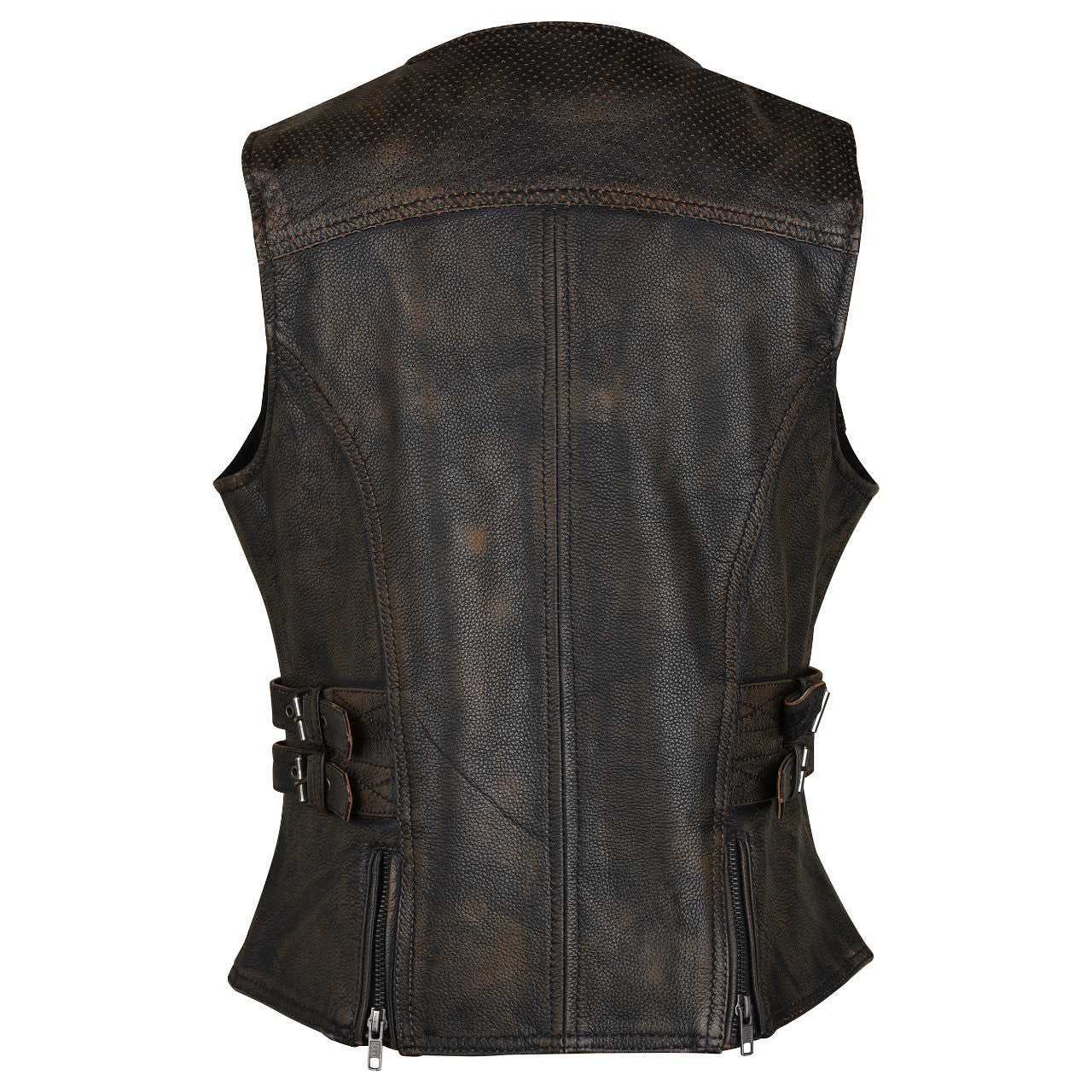 High Mileage HML1037DB Womens Distressed Brown Premium Cowhide Biker Motorcycle Leather Vest With Buckles back