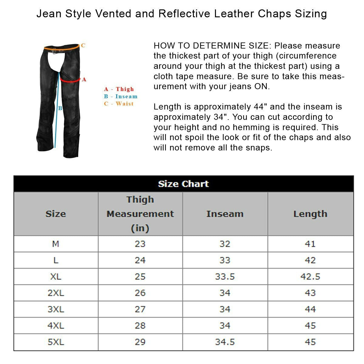 Vance Leather VL803 S Mens Black Reflective and Vented Premium Cowhide Leather Biker Motorcycle Riding Chaps - Size Chart