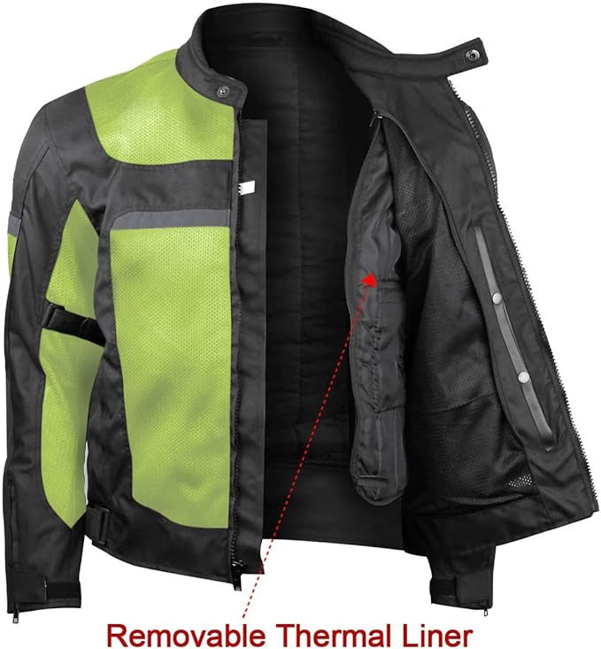 Vance VL1625HG Men's Advanced High Visibility All Season CE Armor Mesh Textile Motorbike Motorcycle Riding Jacket - removable thermal liner