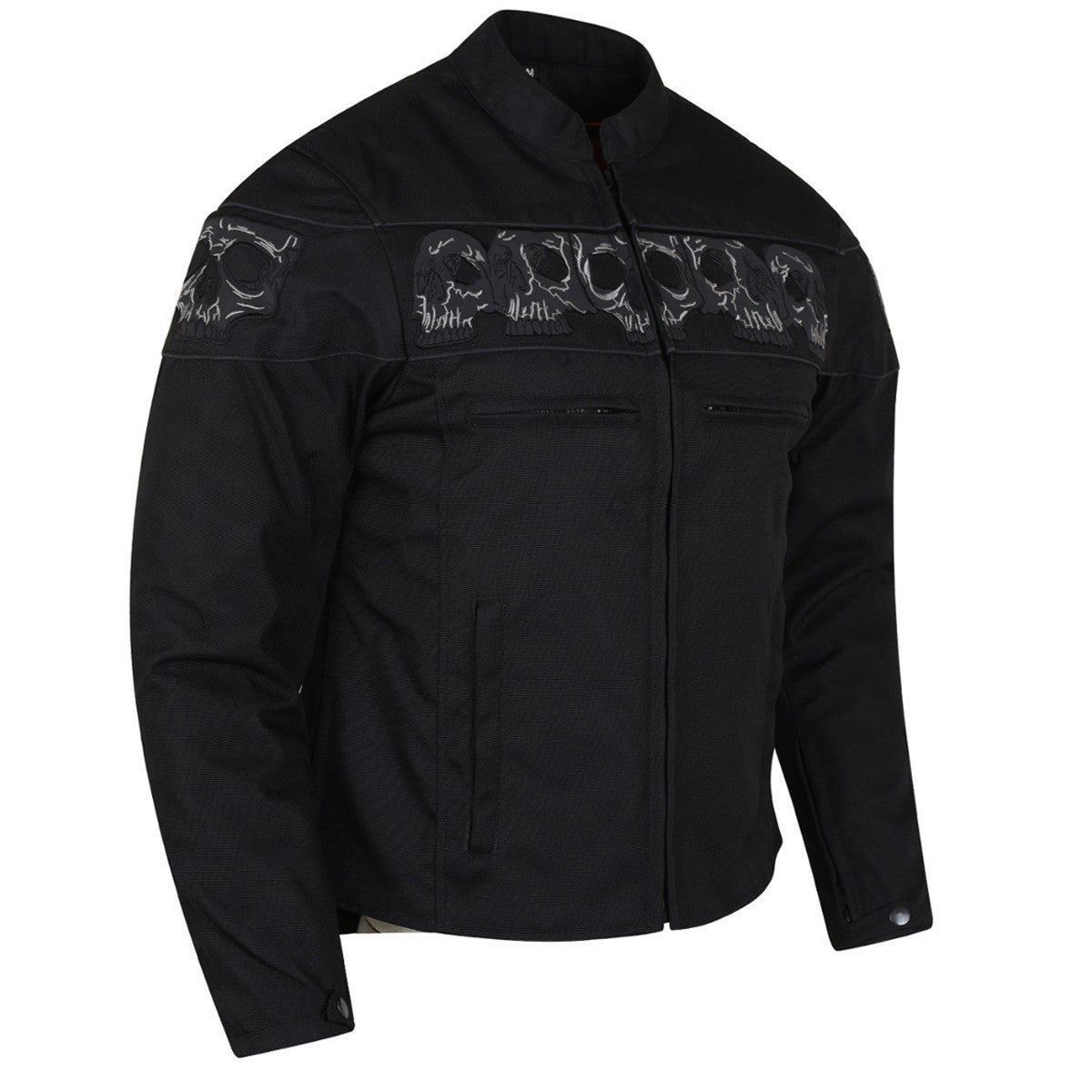 High Mileage HMM1535 Men's Concealed Carry Black Reflective Skulls Textile Motorcycle Jacket - Side View