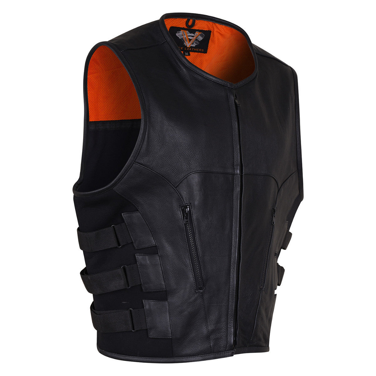 Vance VL904 Mens Black SWAT Team Style Premium Cowhide Biker Motorcycle Leather Vest - Side View