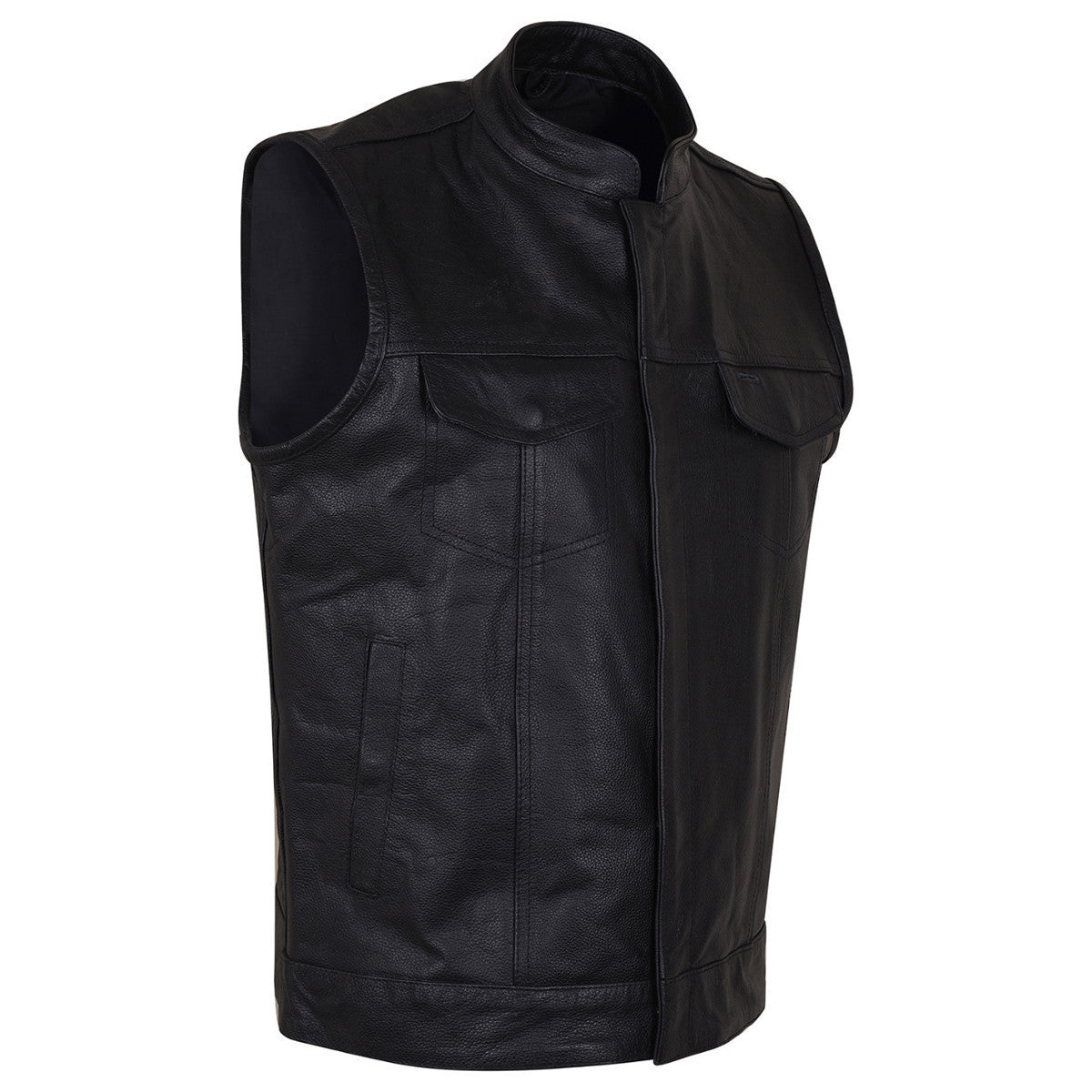 Vance VL914 Men's Black Premium Cowhide Zipper and Snap Closure Concealed Carry SOA Style Leather Biker Motorcycle Vest - Side View