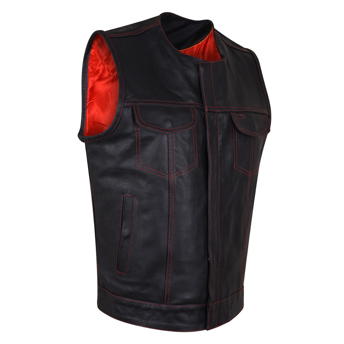 HMM919R Mens Black Premium Cowhide Leather SOA Style Club Vest With Quick Access Conceal Carry Pocket and Red Liner - Side View