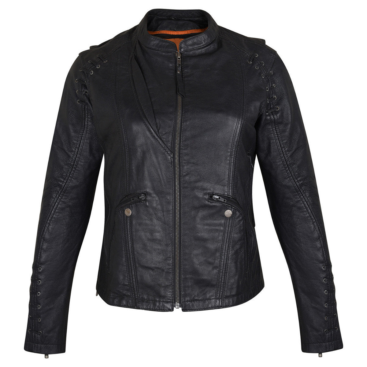 High Mileage HML638B Women's Lace and Grommet Detail Black Goatskin Leather Lady Biker Motorcycle Fashion Jacket