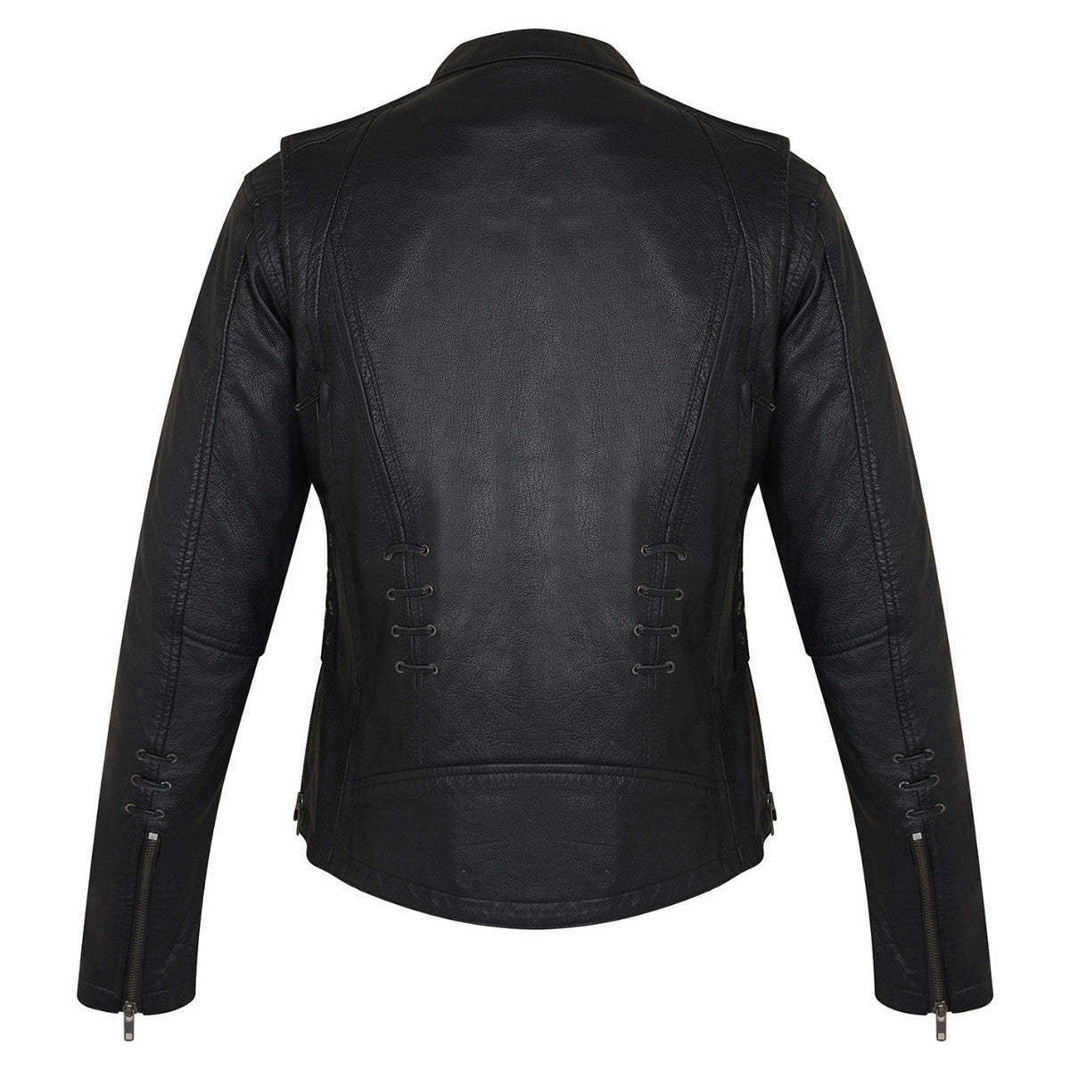 High Mileage HML638B Women's Lace and Grommet Detail Black Goatskin Leather Lady Biker Motorcycle Fashion Jacket - Rear View