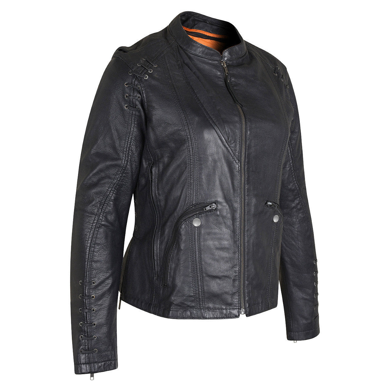 High Mileage HML638B Women's Lace and Grommet Detail Black Goatskin Leather Lady Biker Motorcycle Fashion Jacket - Side View