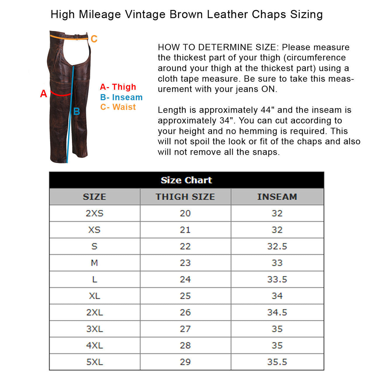 High Mileage HM814VB Men's and Women's Vintage Distressed Brown Biker Motorcycle Leather Chaps - Size chart