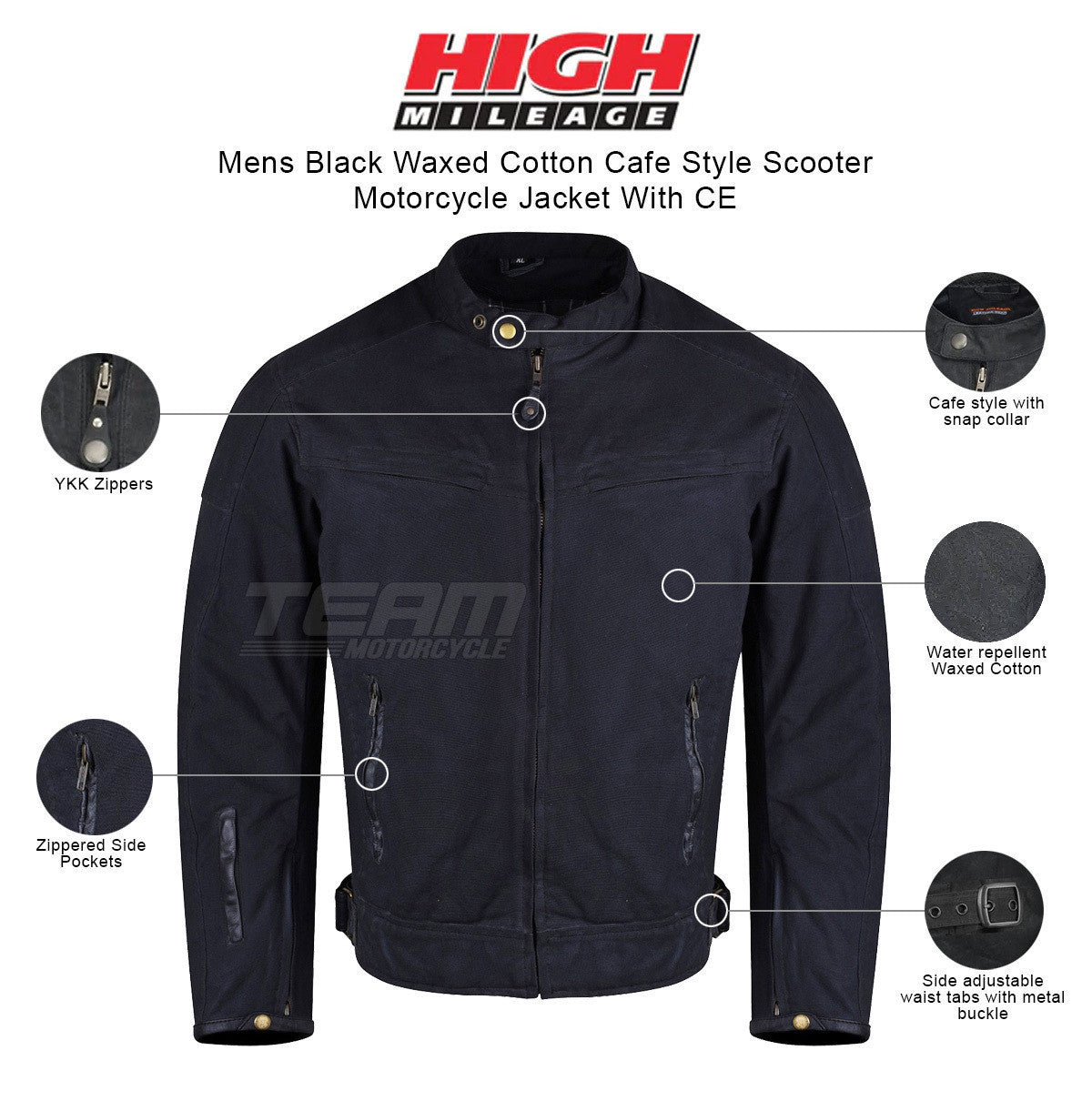 Mens Black Waxed Cotton Cafe Style Scooter Motorcycle Jacket With CE Armor - Infographics