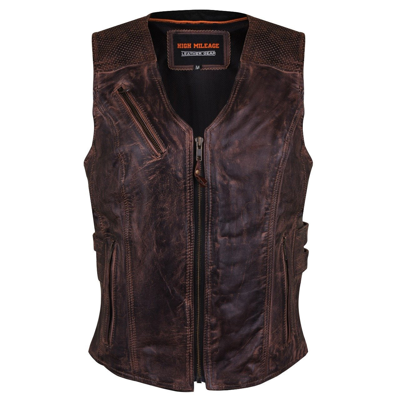 High Mileage HML1037VB Womens Vintage Brown Premium Cowhide Biker Motorcycle Leather Vest With Buckles