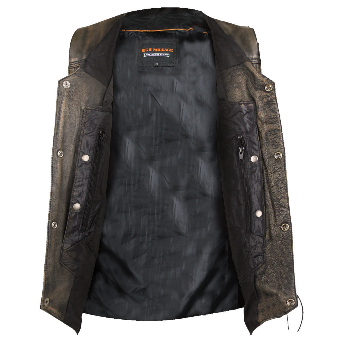 High Mileage HMM915DB Mens Distressed Brown Premium Cowhide Ten Pocket Leather Motorcycle Vest - Open View