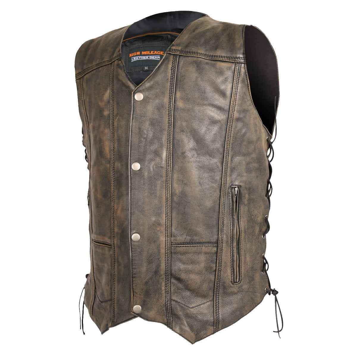 High Mileage HMM915DB Mens Distressed Brown Premium Cowhide Ten Pocket Leather Motorcycle Vest - Side View