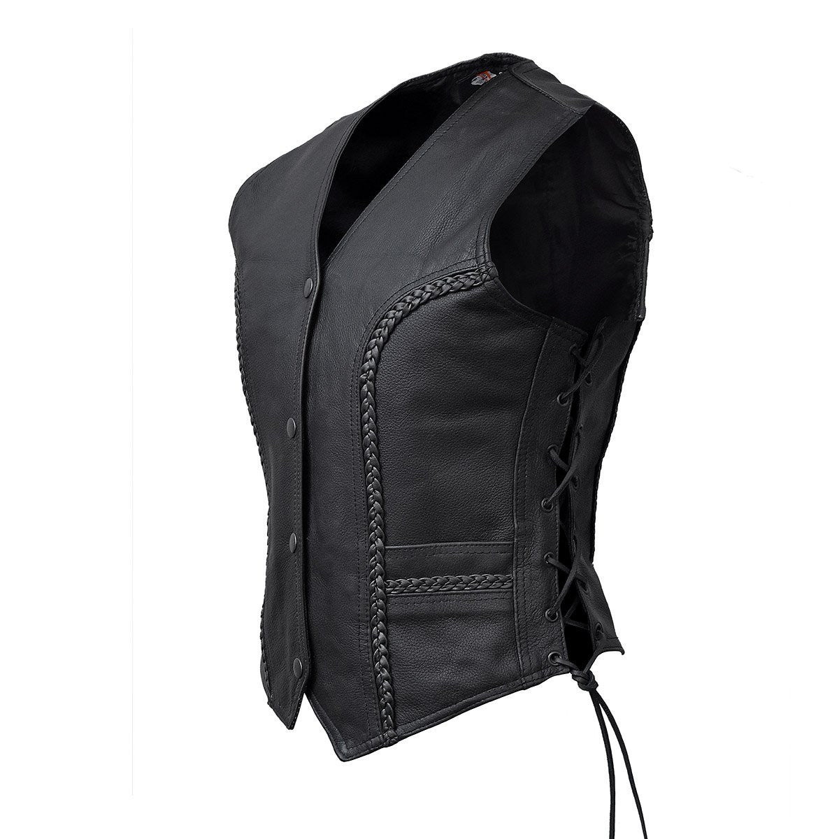 Vance VL1051 Womens Black Braided Lady Biker Leather Motorcycle Vest Side