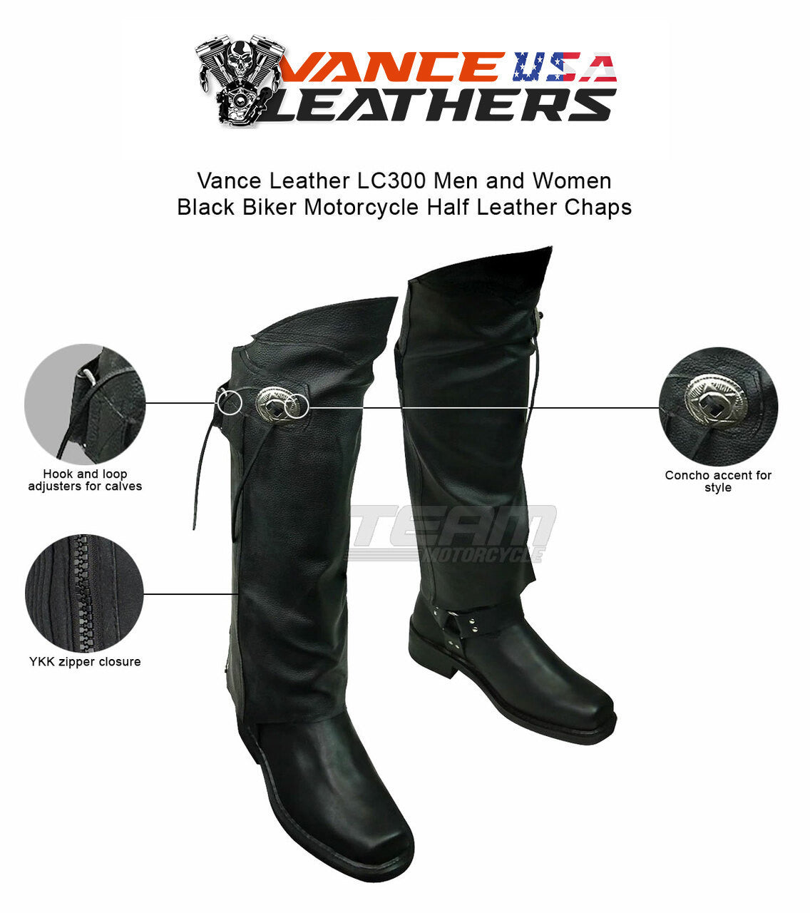 Vance Leather VL830 Men and Women Black Biker Motorcycle Half Leather Chaps - Infographics