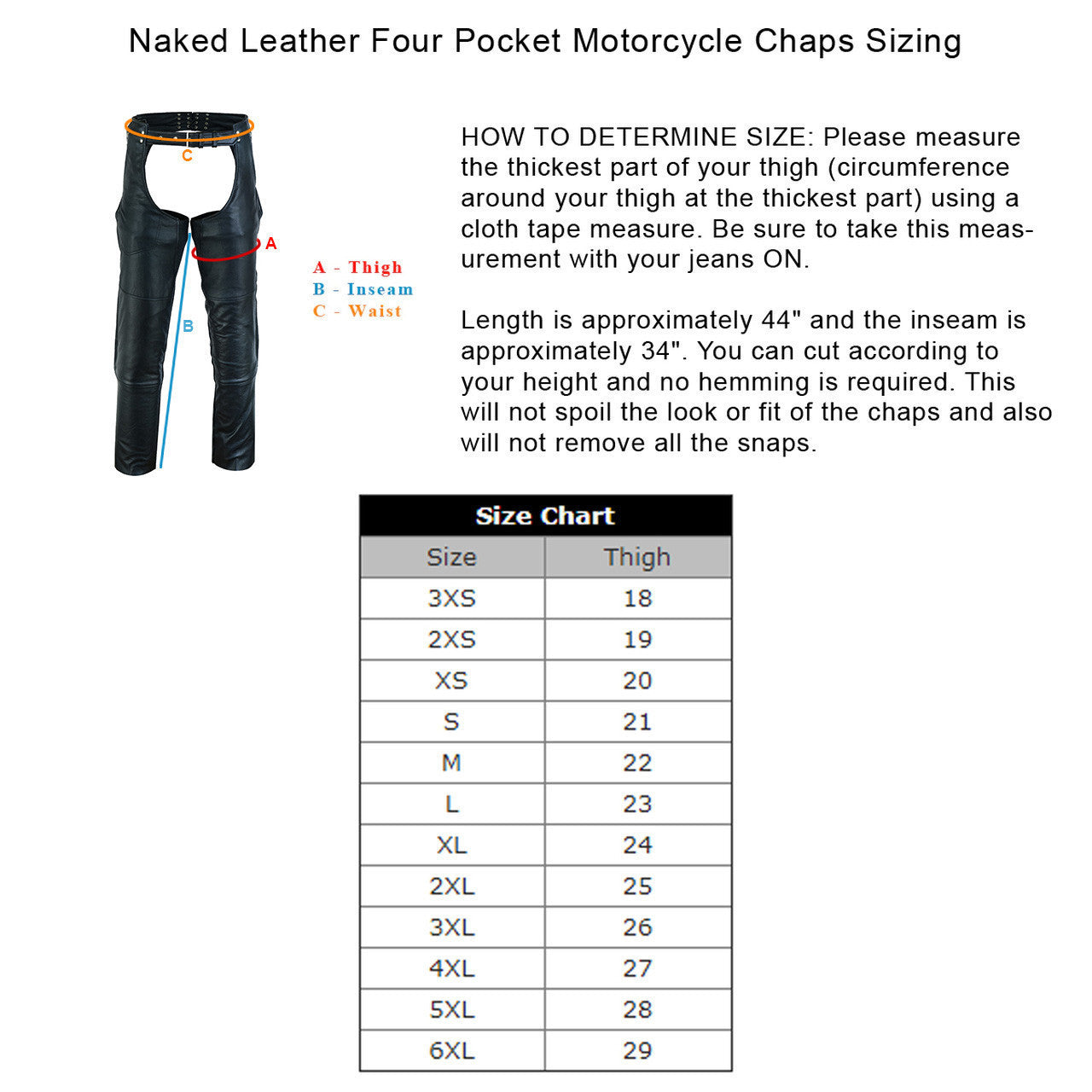 Vance Leather VL811S Men and Women Black Four Pocket Biker Leather Motorcycle Chaps - Size Chart