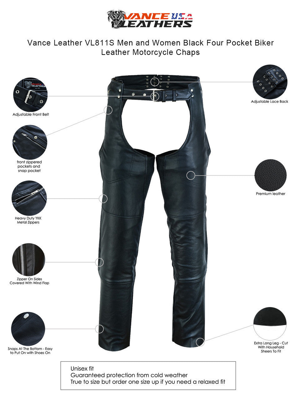 Vance Leather VL811S Men and Women Black Four Pocket Biker Leather Motorcycle Chaps - Infographics