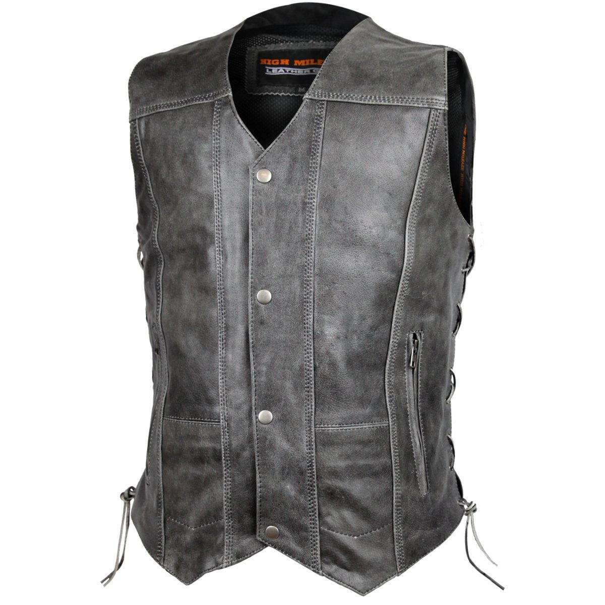 High Mileage HMM915DG Mens Distressed Gray Premium Cowhide Ten Pocket Leather Motorcycle Vest