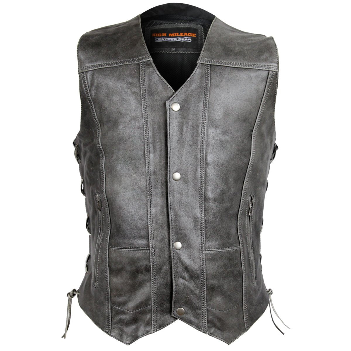 High Mileage HMM915DG Mens Distressed Gray Premium Cowhide Ten Pocket Leather Motorcycle Vest