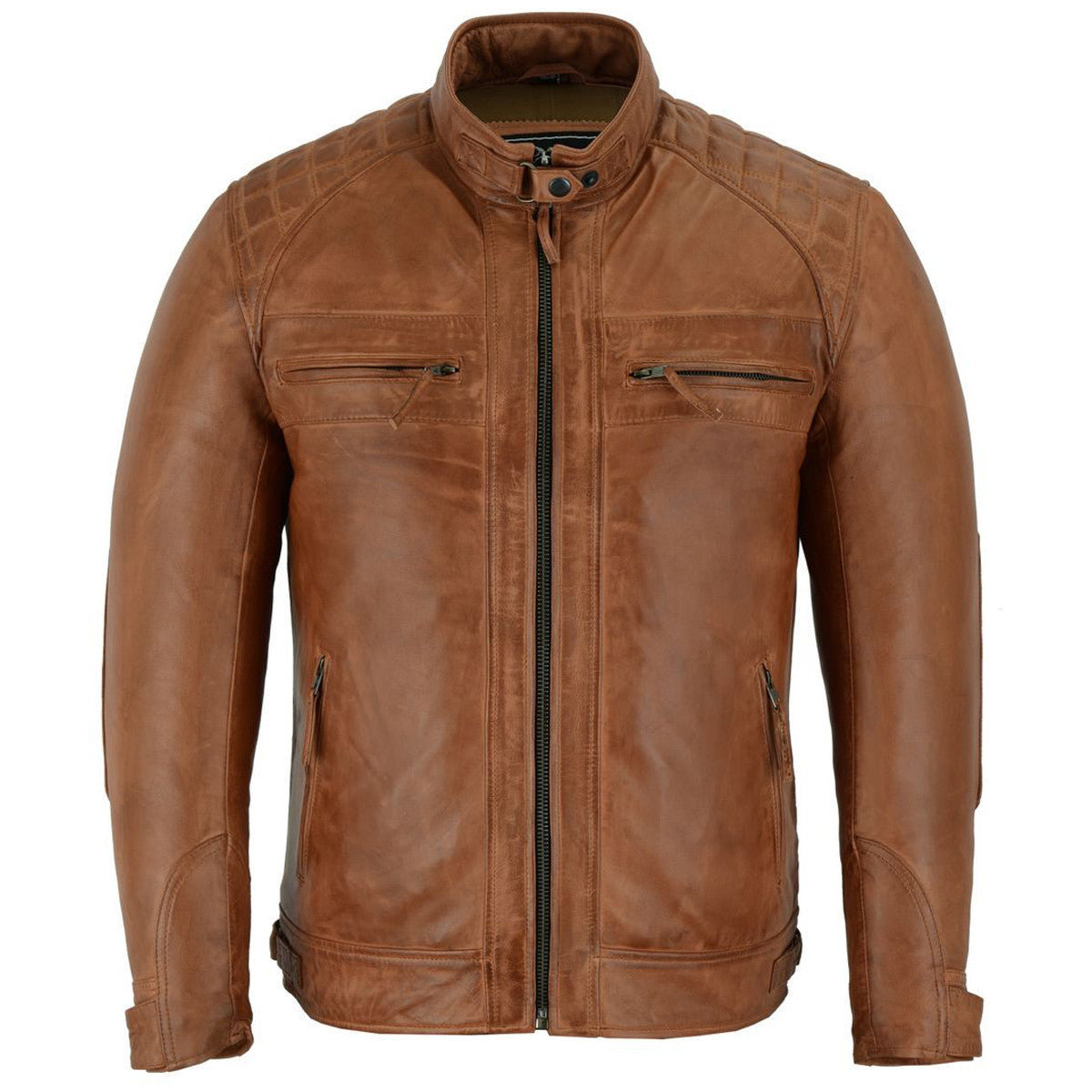 Vance Leather Men's Cafe Racer Waxed Lambskin Austin Brown Motorcycle Leather Jacket