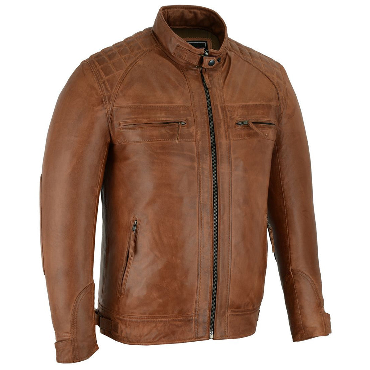 VL550Br Vance Leather Men's Cafe Racer Waxed Lambskin Austin Brown Motorcycle Leather Jacket - Side