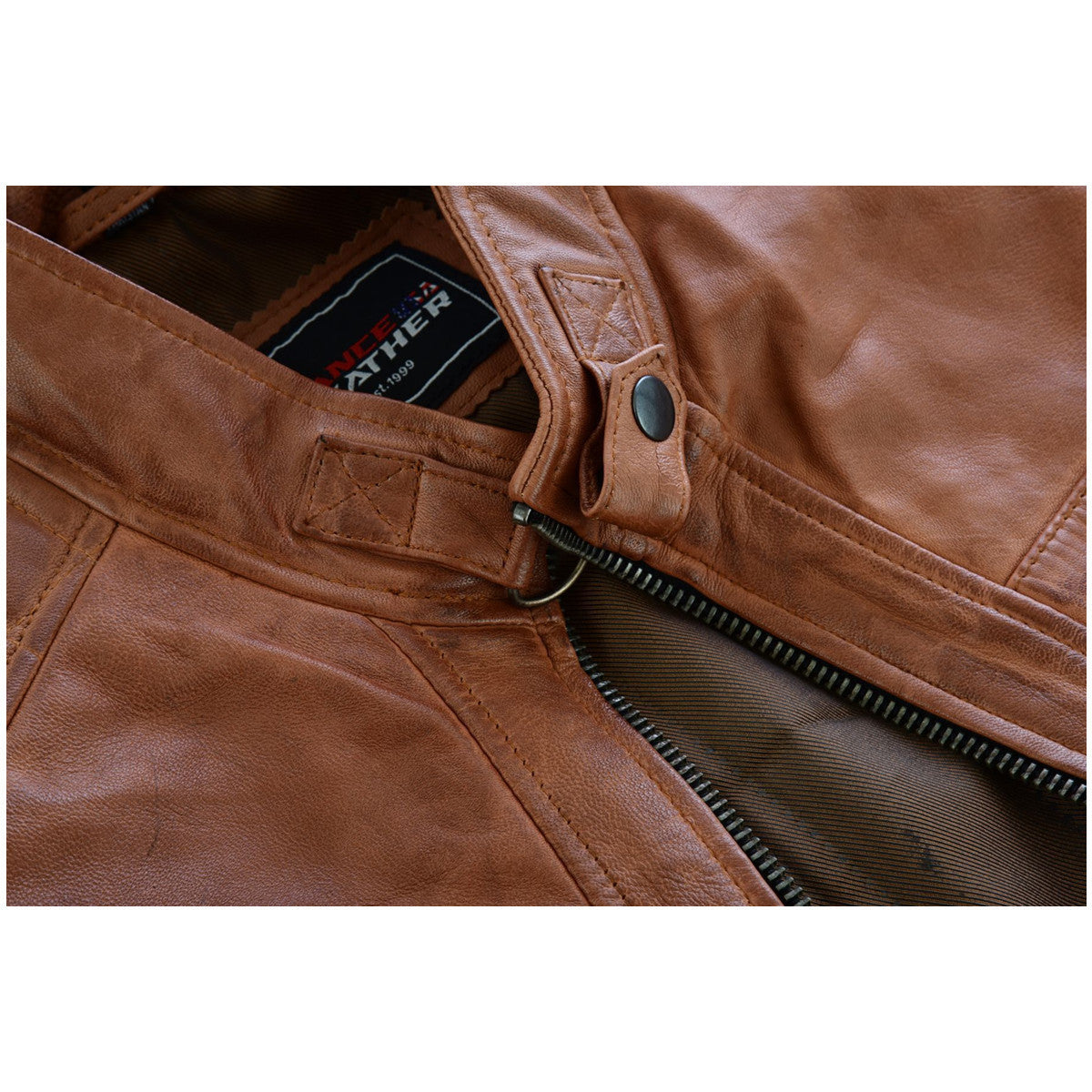 Vance Leather Men's Cafe Racer Waxed Lambskin Austin Brown Motorcycle Leather Jacket- Detail