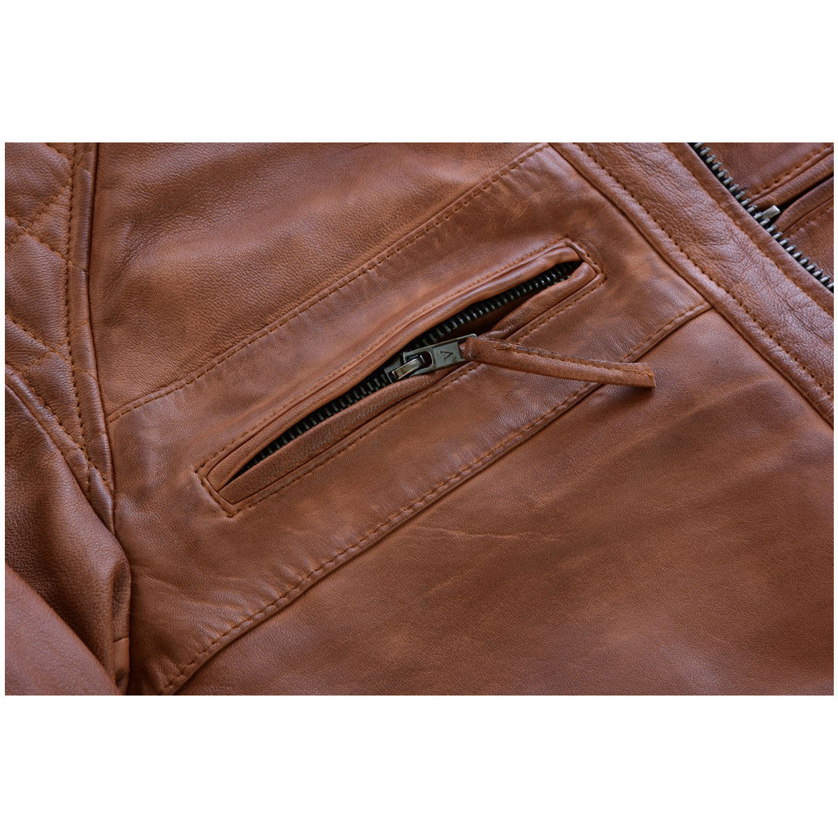 Vance Leather Men's Cafe Racer Waxed Lambskin Austin Brown Motorcycle Leather Jacket- Detail