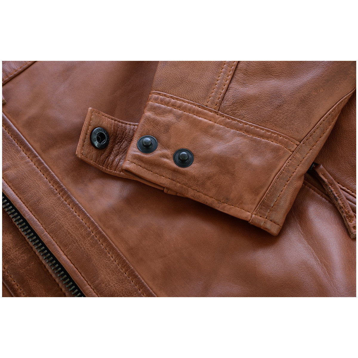 Vance Leather Men's Cafe Racer Waxed Lambskin Austin Brown Motorcycle Leather Jacket- Detail